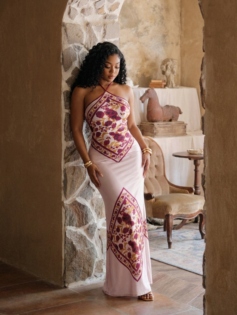 Backless Floral Satin Maxi