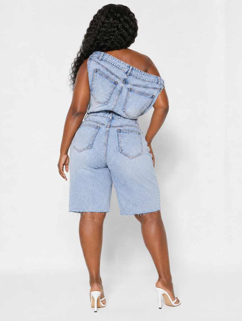 One Shoulder Denim Romper