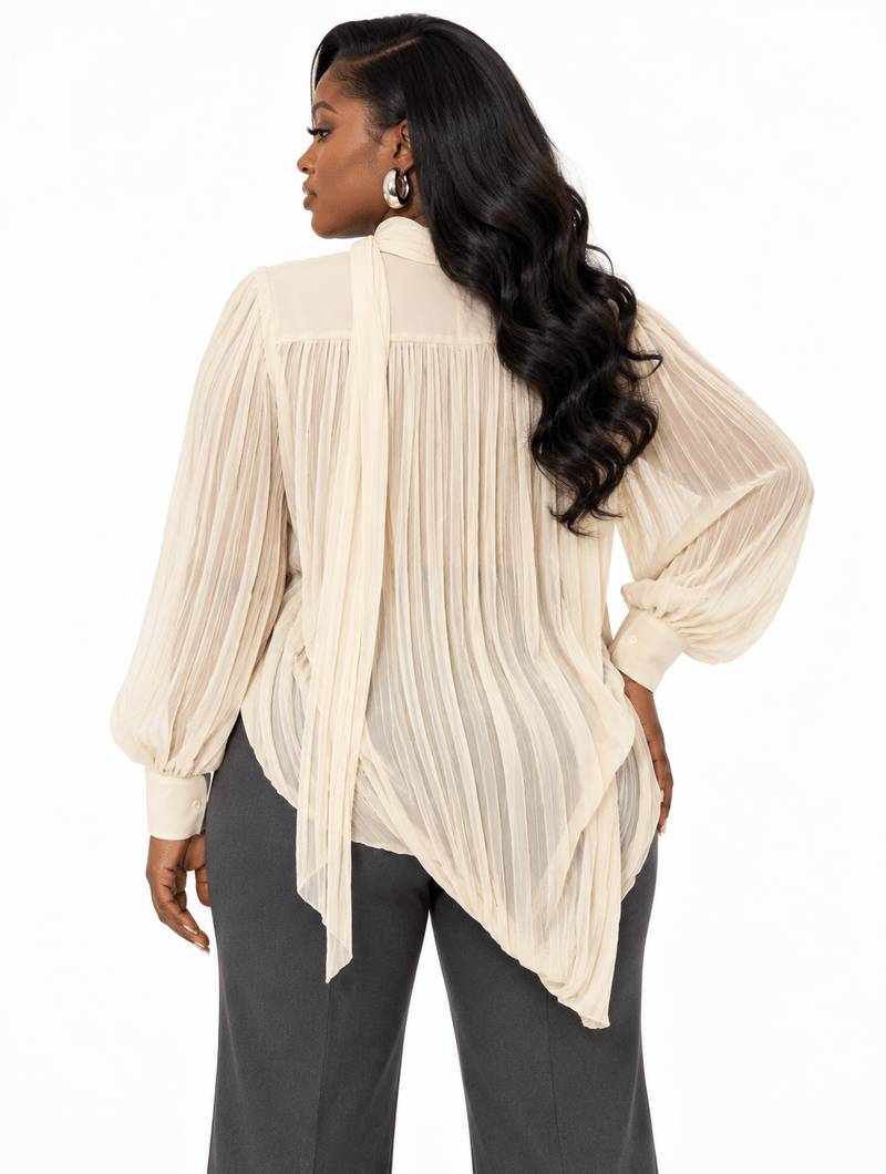 Pleated Tie-Neck Asymmetric Blouse