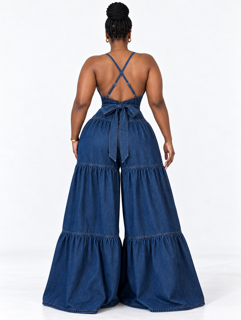 Tiered Denim Maxi Jumpsuit
