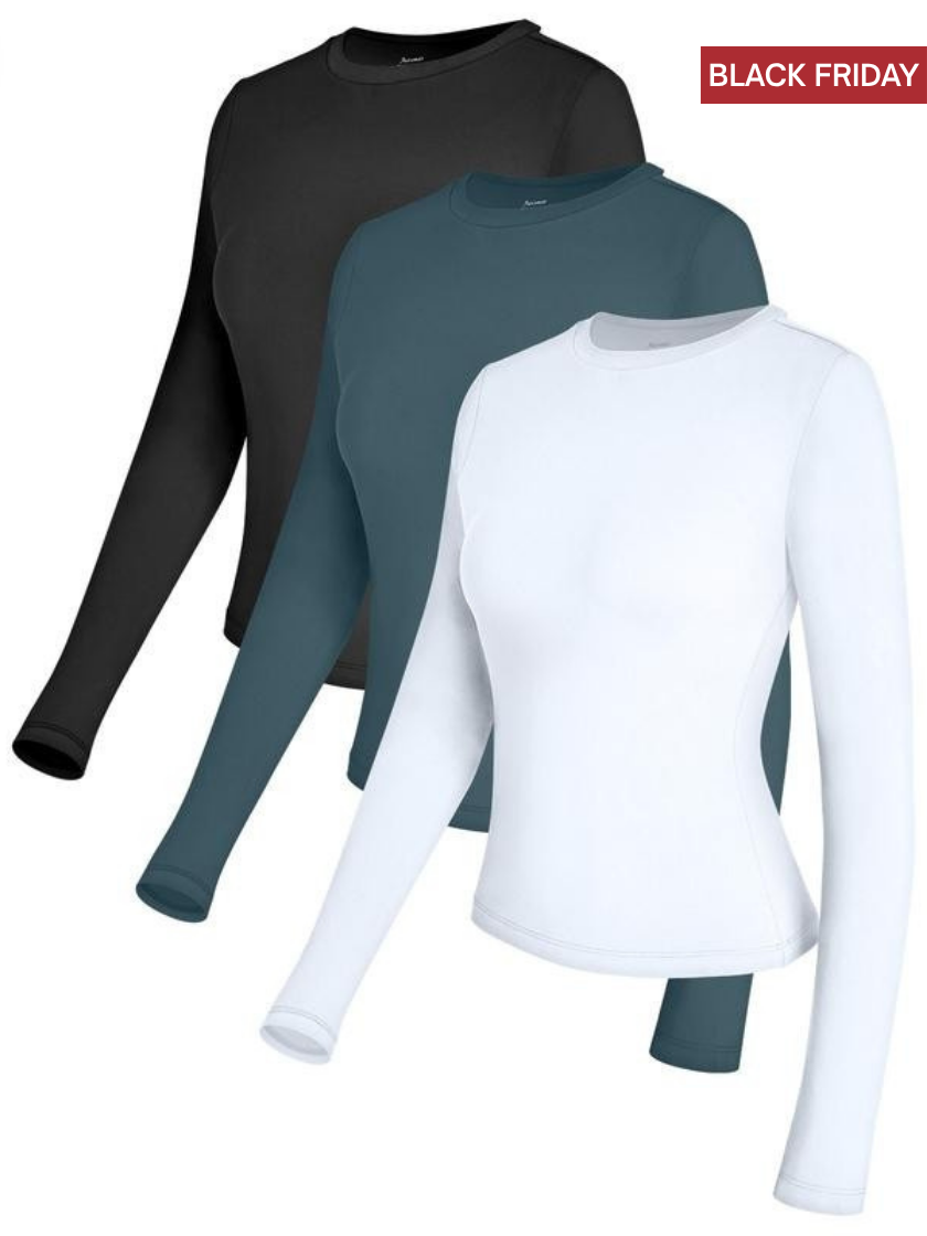 3-Piece Basic Long Sleeve Crop Tops-(Black Friday)