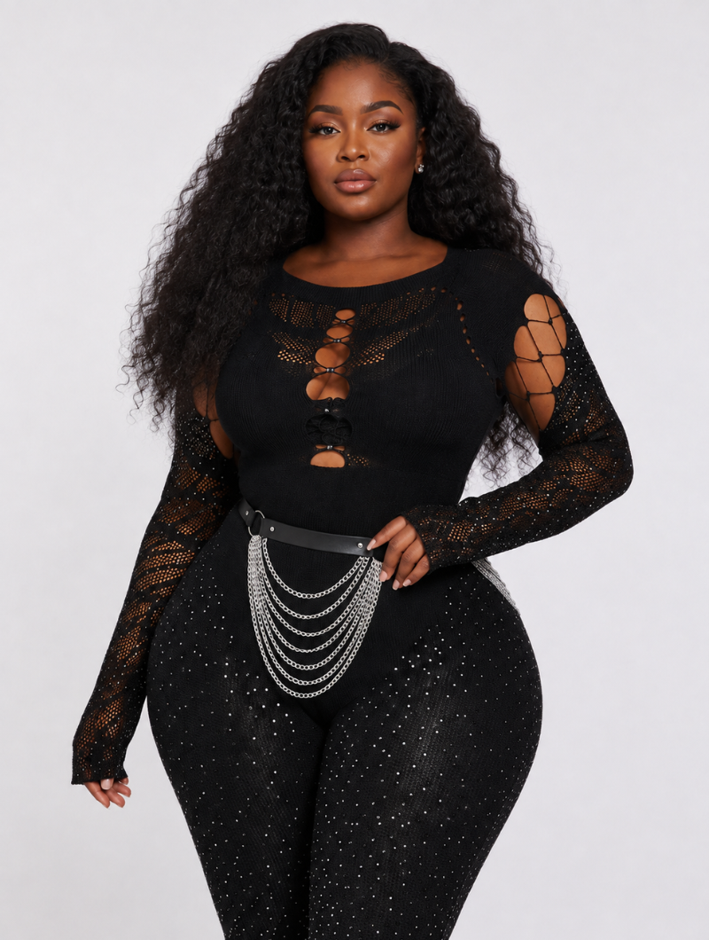 Rhinestone Cutout Flare Jumpsuit