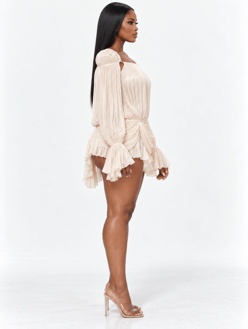 Champagne Plissé Mini Dress