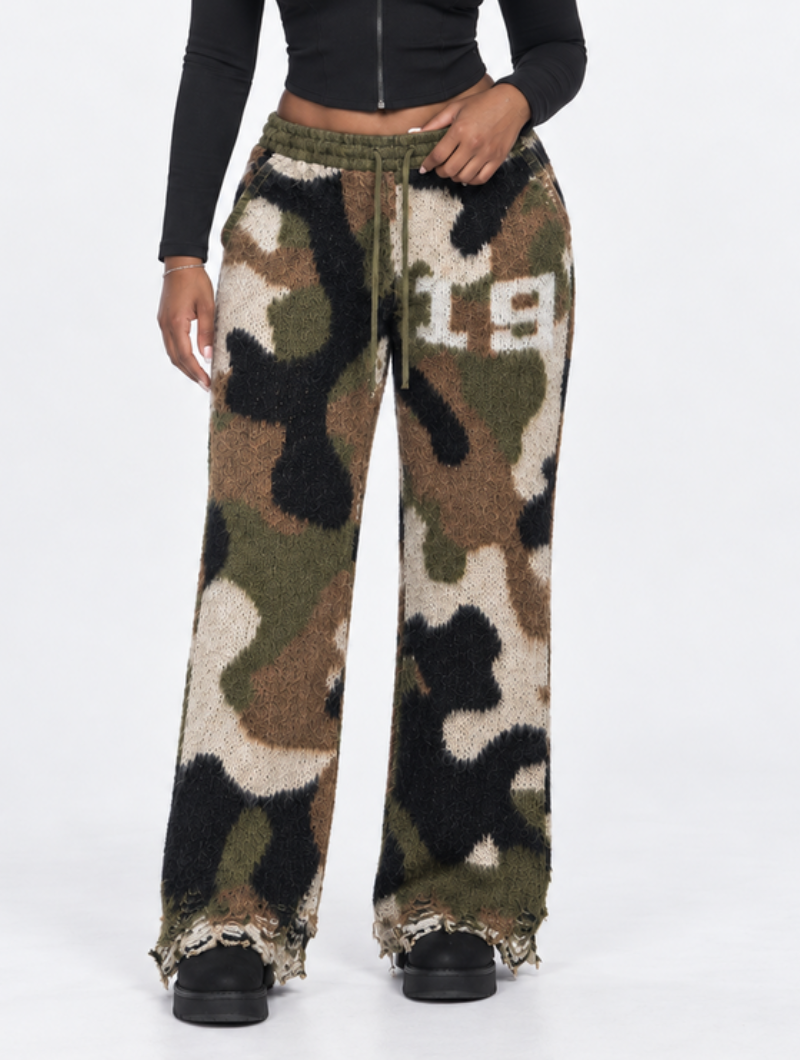 Camo Distressed Knit Pants (Pre-Order)