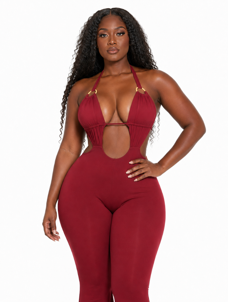 Wine Halter Flare Jumpsuit