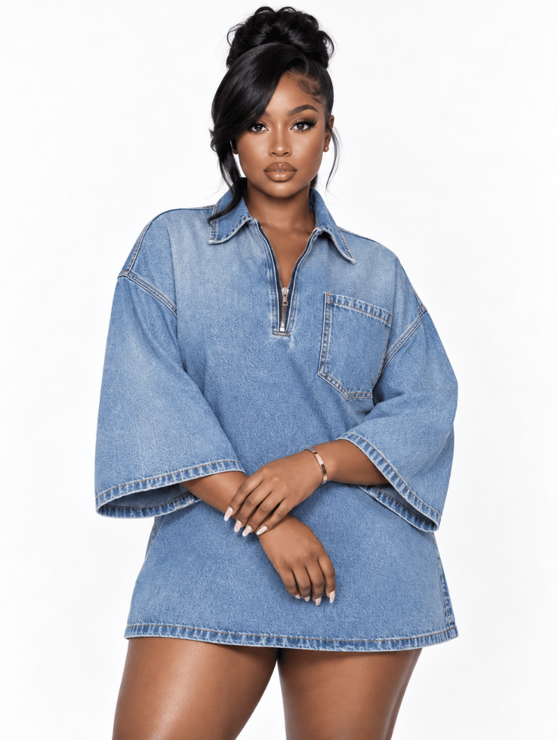 Half-Zip Denim Mini Dress
