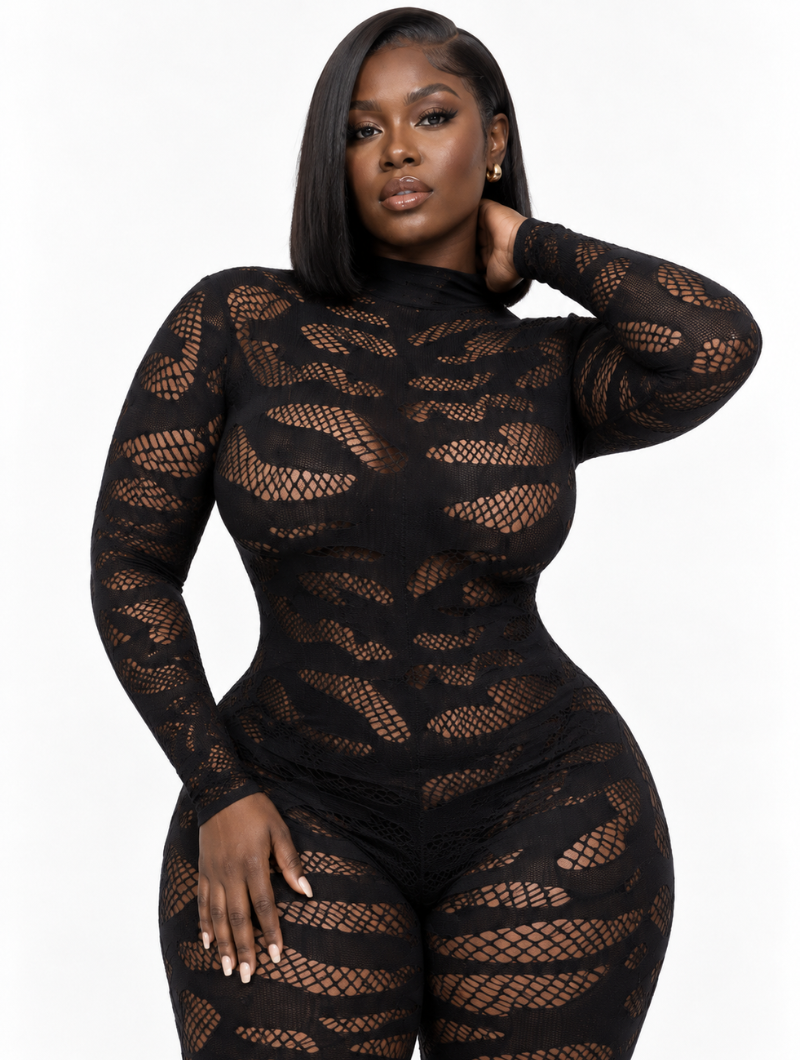 Mock Neck Fishnet Catsuit