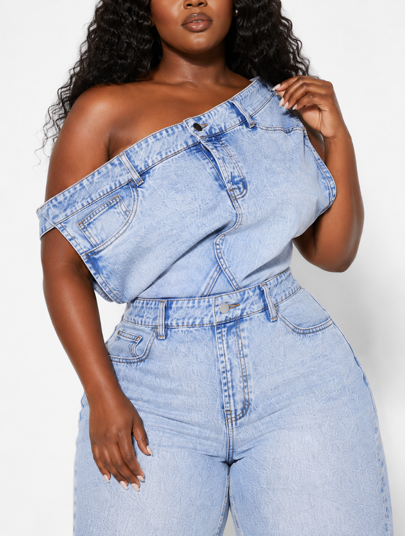 One Shoulder Denim Romper