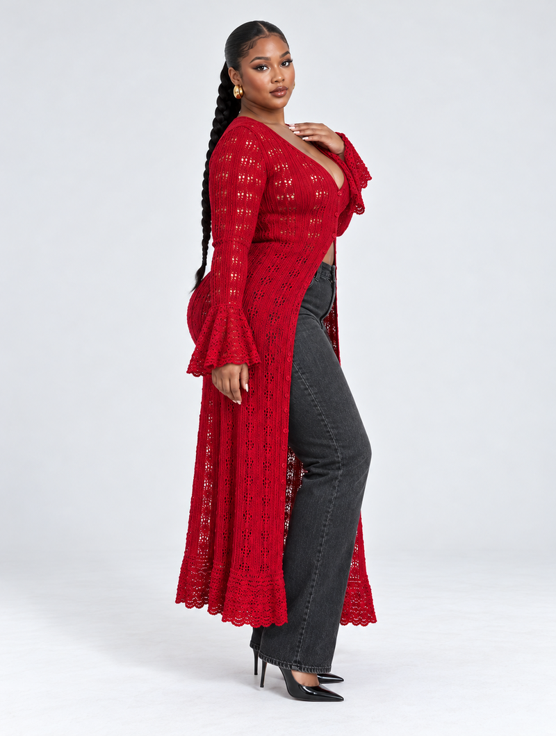 Crimson Bell Sleeve Duster