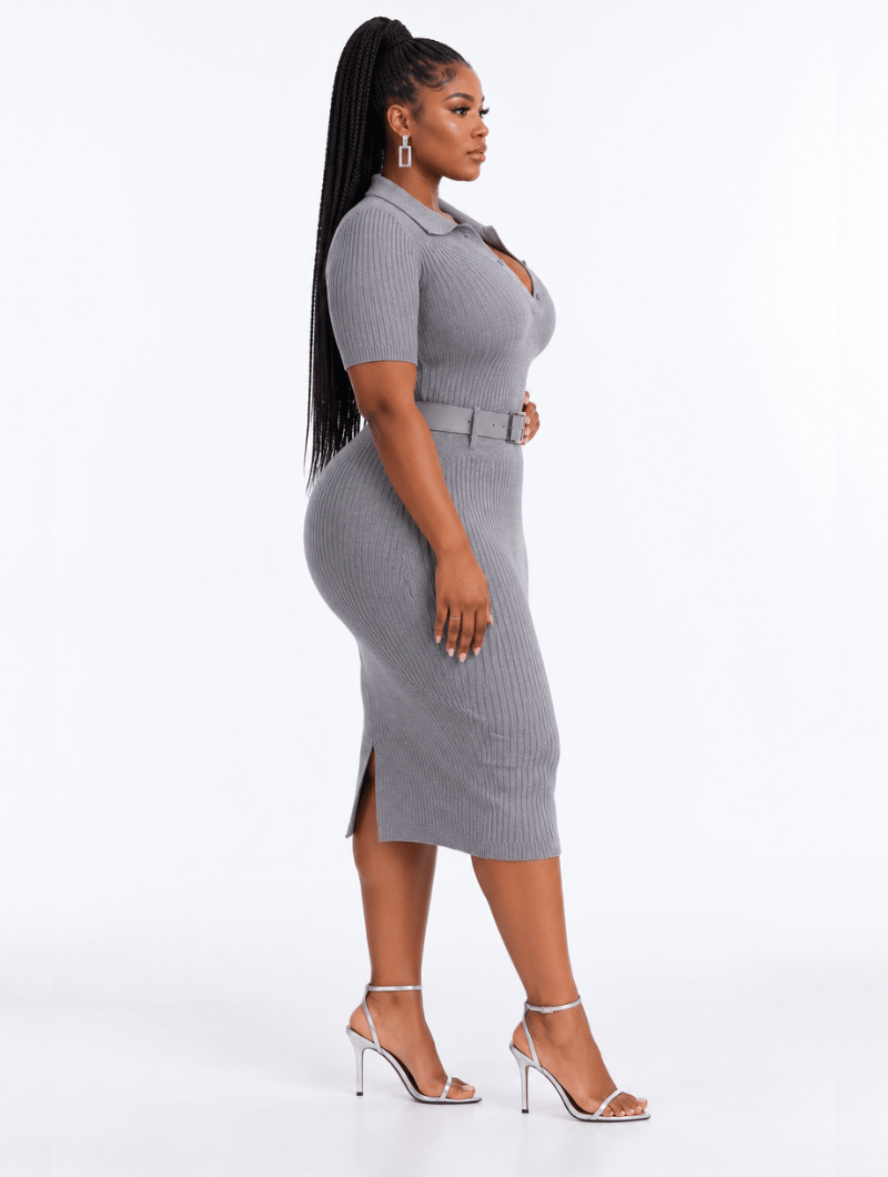 Belted Ribbed Polo Dress