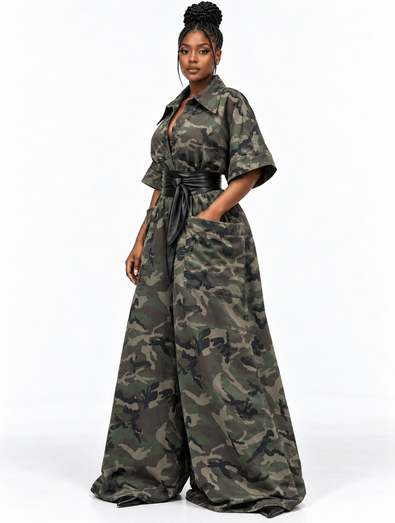 Belted Camo Wide Jumpsuit
