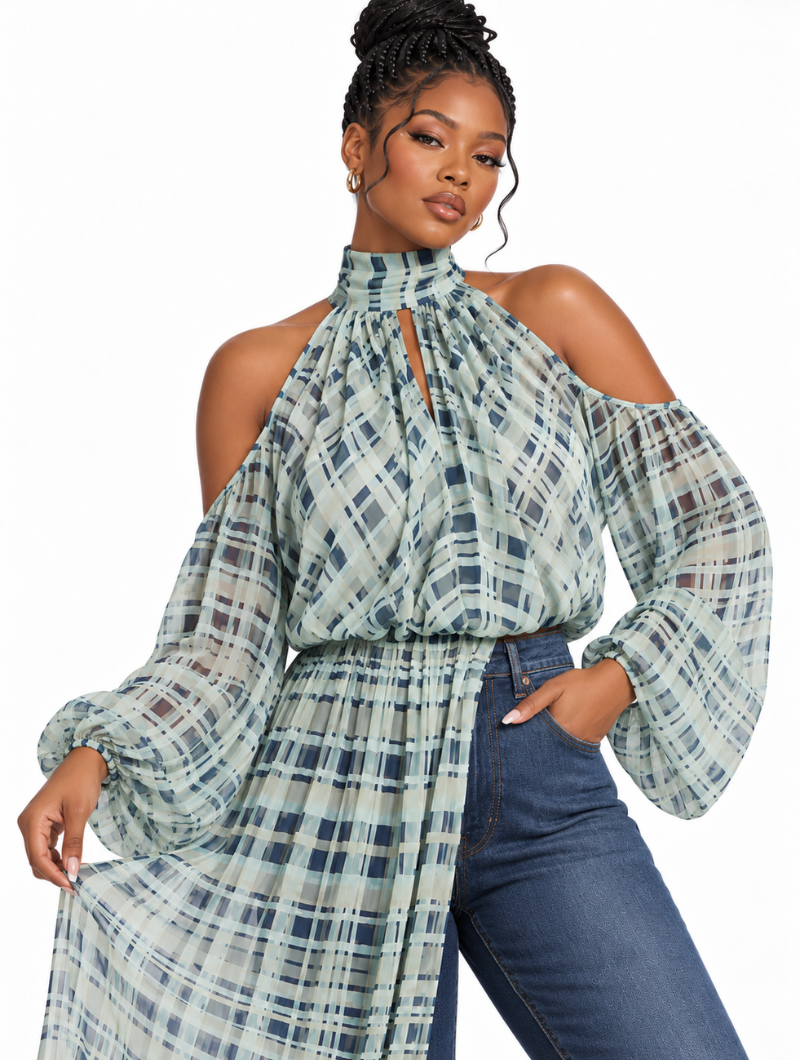Sheer Plaid Cape Top