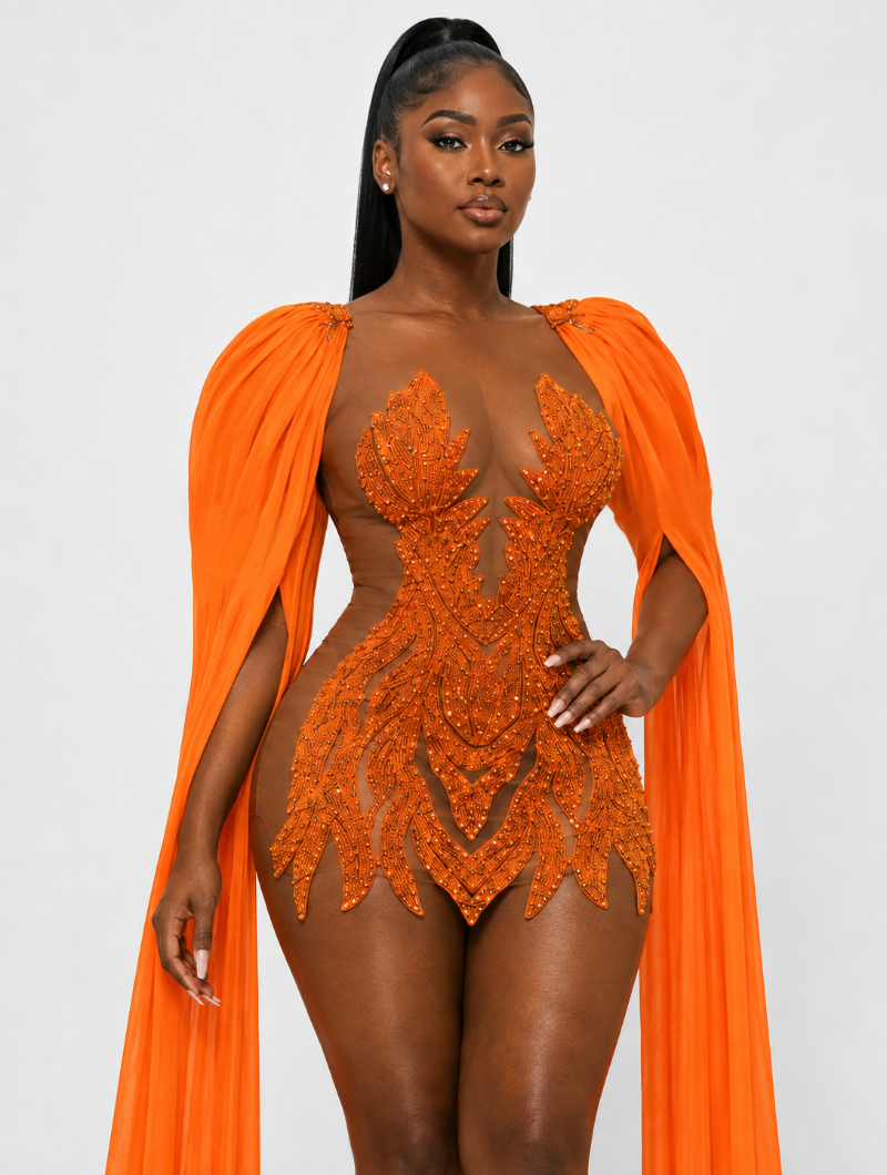 Orange Beaded Long-Sleeve Mini