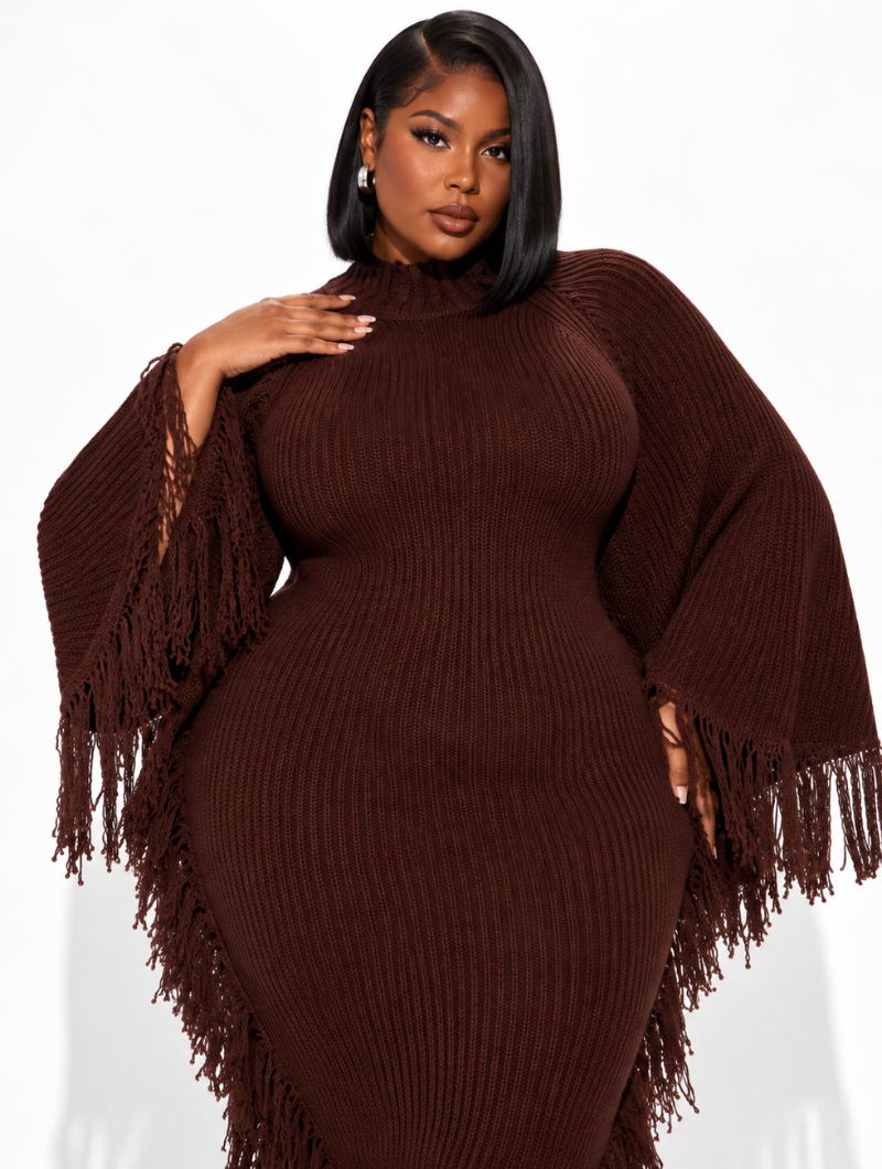 Mocha Fringe Knit Dress