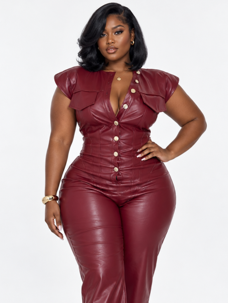 Wine Faux Leather Jumpsuit