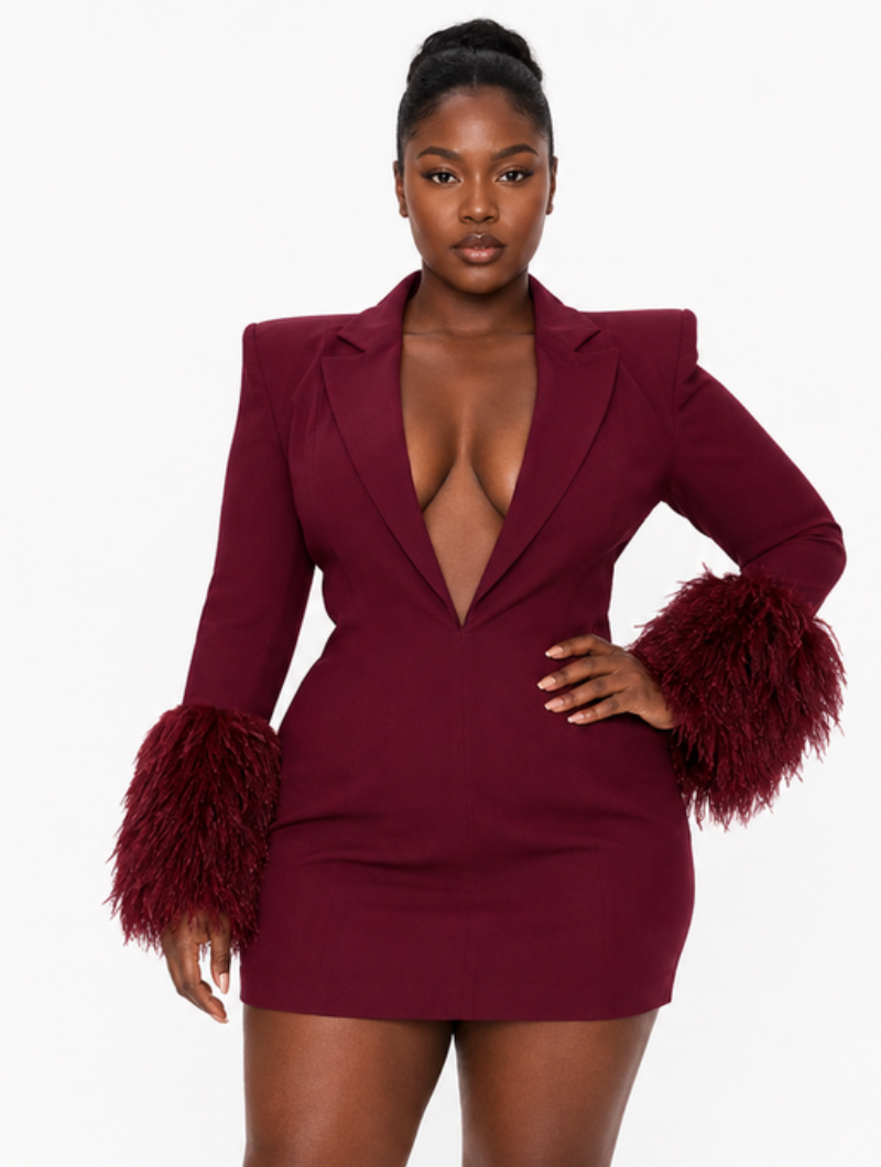 Burgundy Feather Blazer Dress