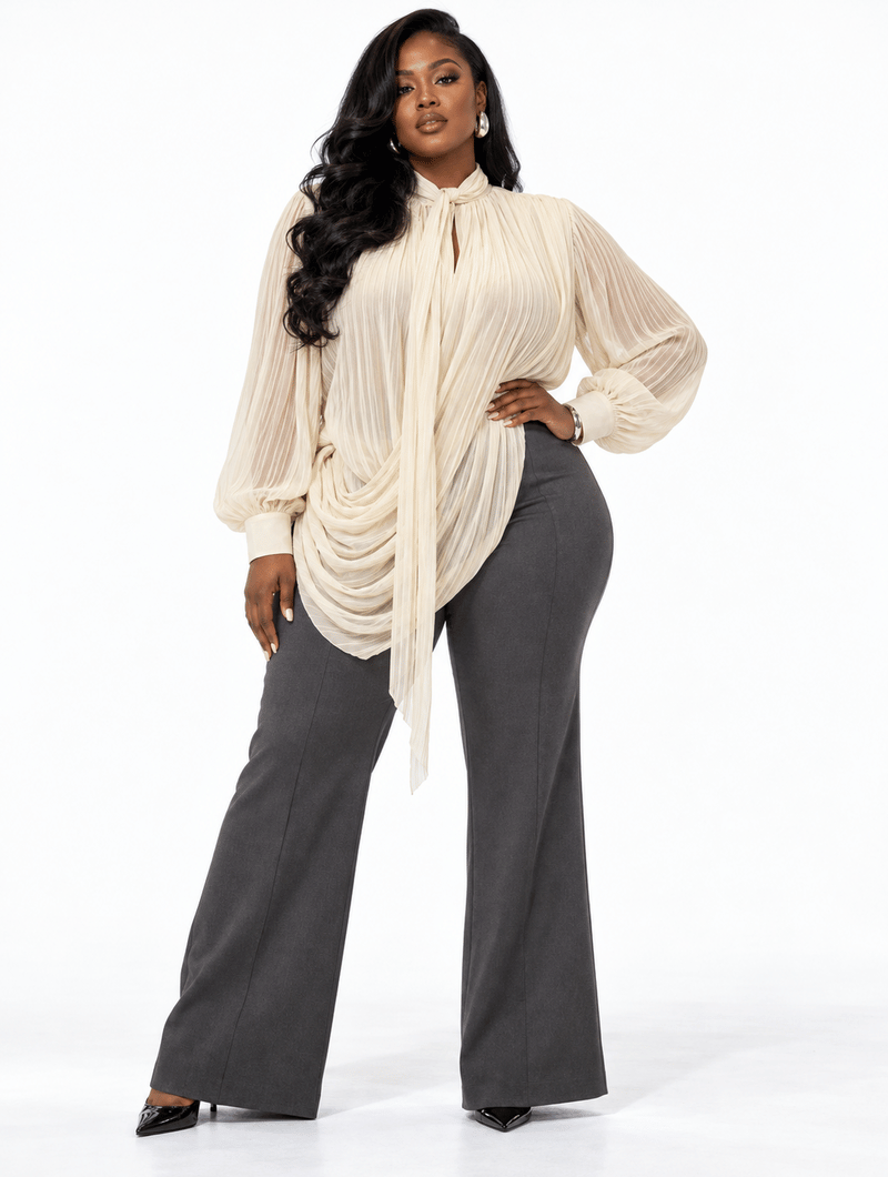 Pleated Tie-Neck Asymmetric Blouse