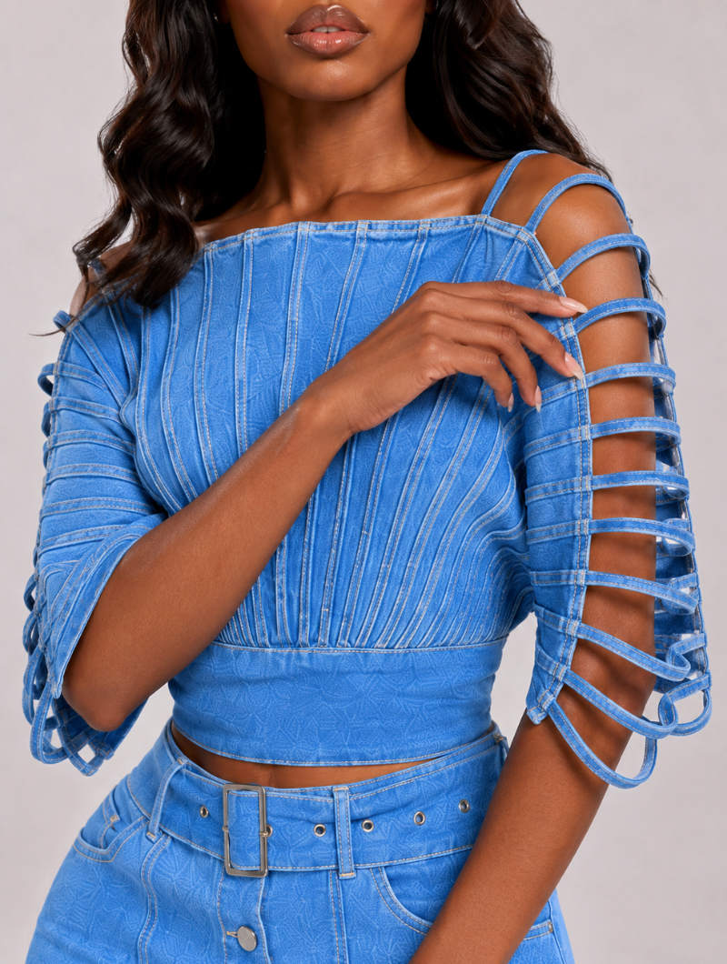 Denim Fan Pleated Top
