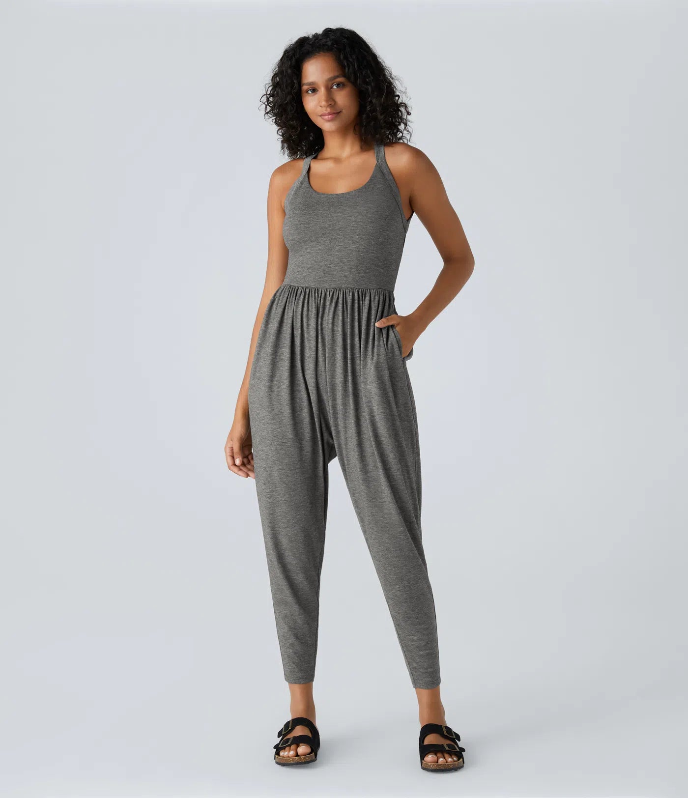 U Neck Relaxed Pocket Jumpsuit