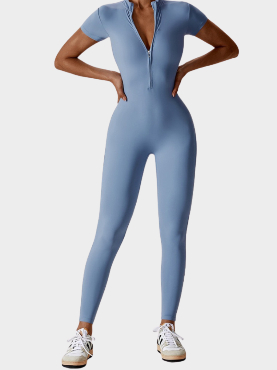 Women Zipper Short Sleeve Nude Yoga Jumpsuit