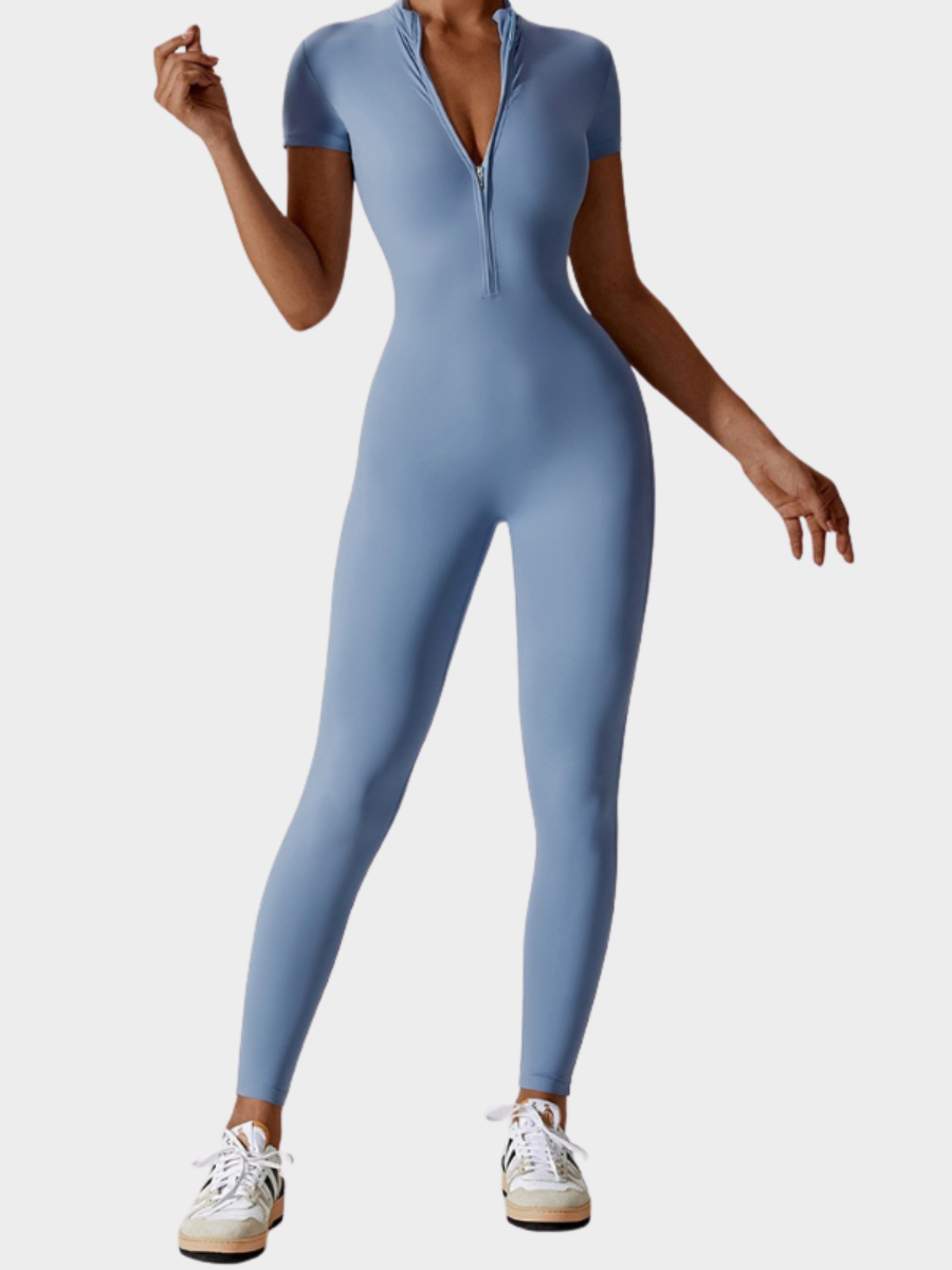 Women Zipper Short Sleeve Nude Yoga Jumpsuit