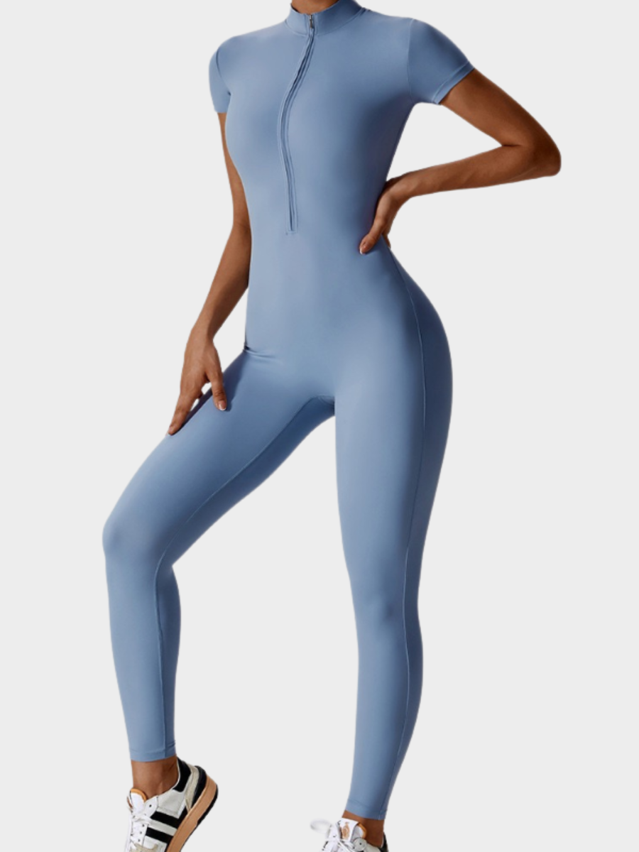 Women Zipper Short Sleeve Nude Yoga Jumpsuit