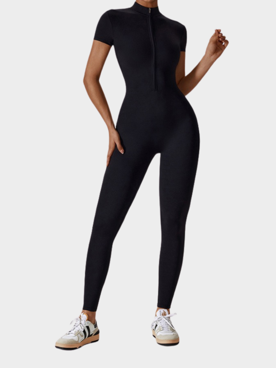 Women Zipper Short Sleeve Nude Yoga Jumpsuit