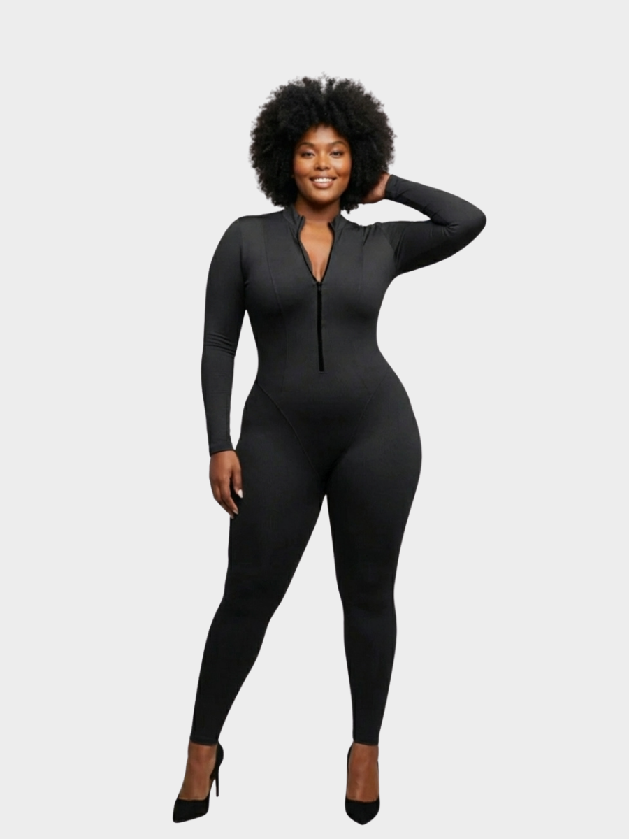 Combinaison sculptante à manches longues et fermeture éclair sur le devant