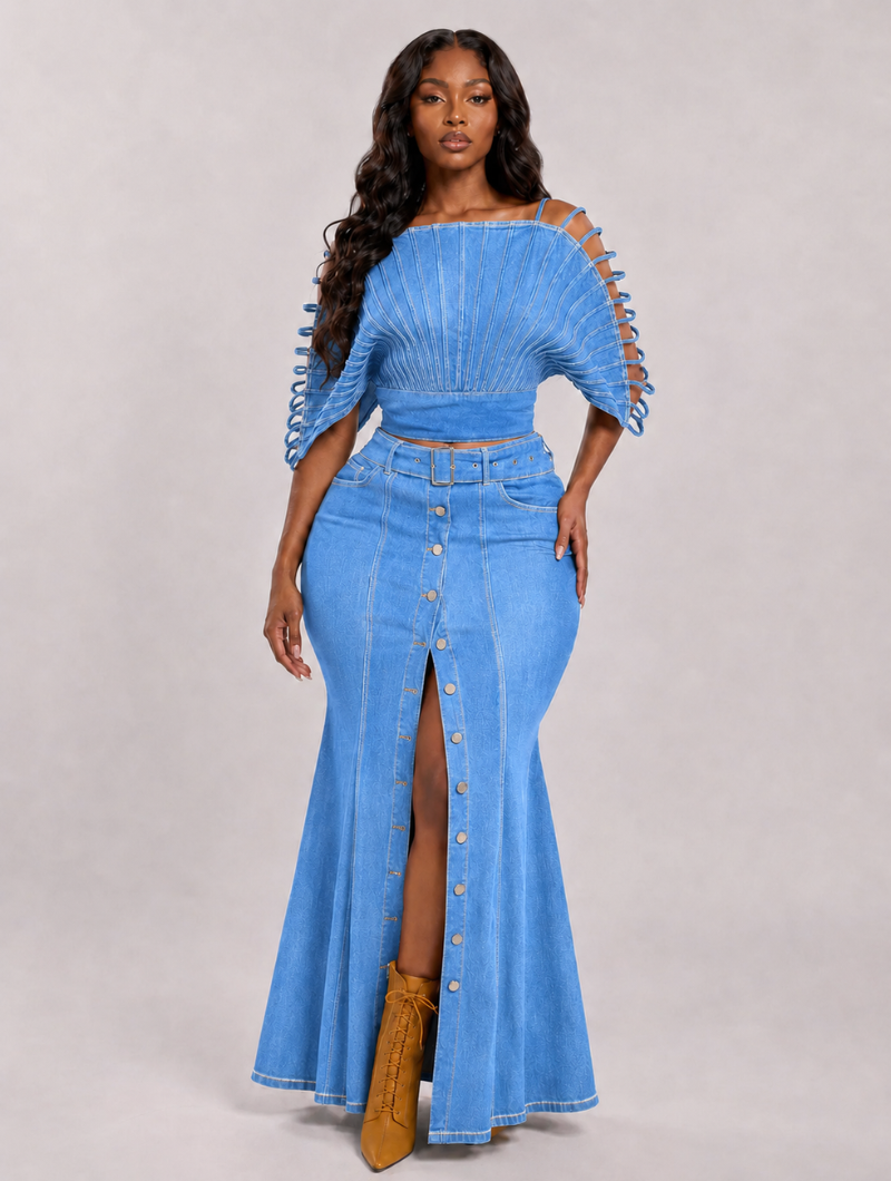 Denim Fan Pleated Top