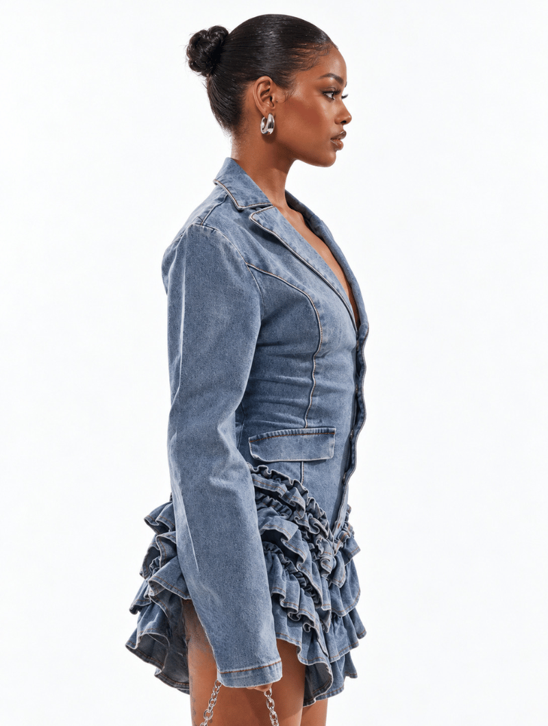 Denim Ruffle Blazer Romper