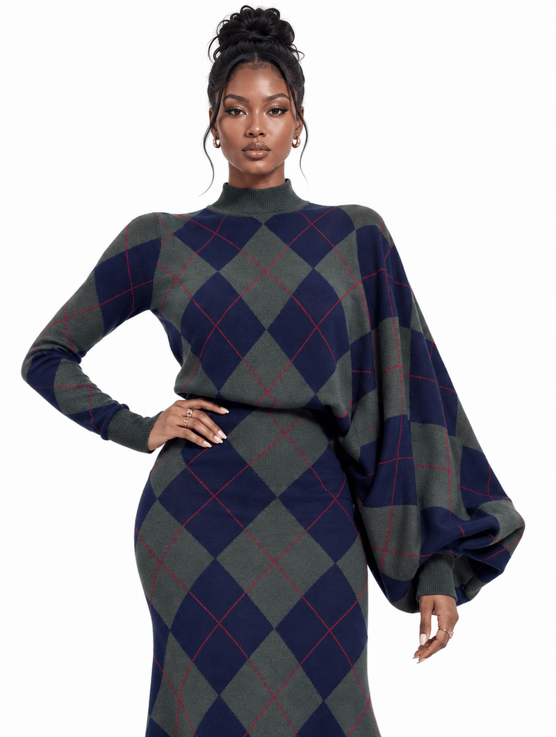 Asymmetric Argyle Knit Dress