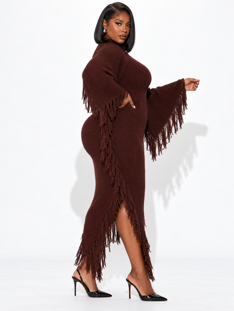 Mocha Fringe Knit Dress