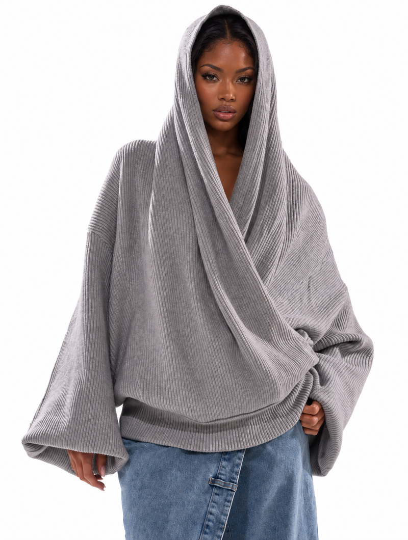 Draped Hood Knit Sweater
