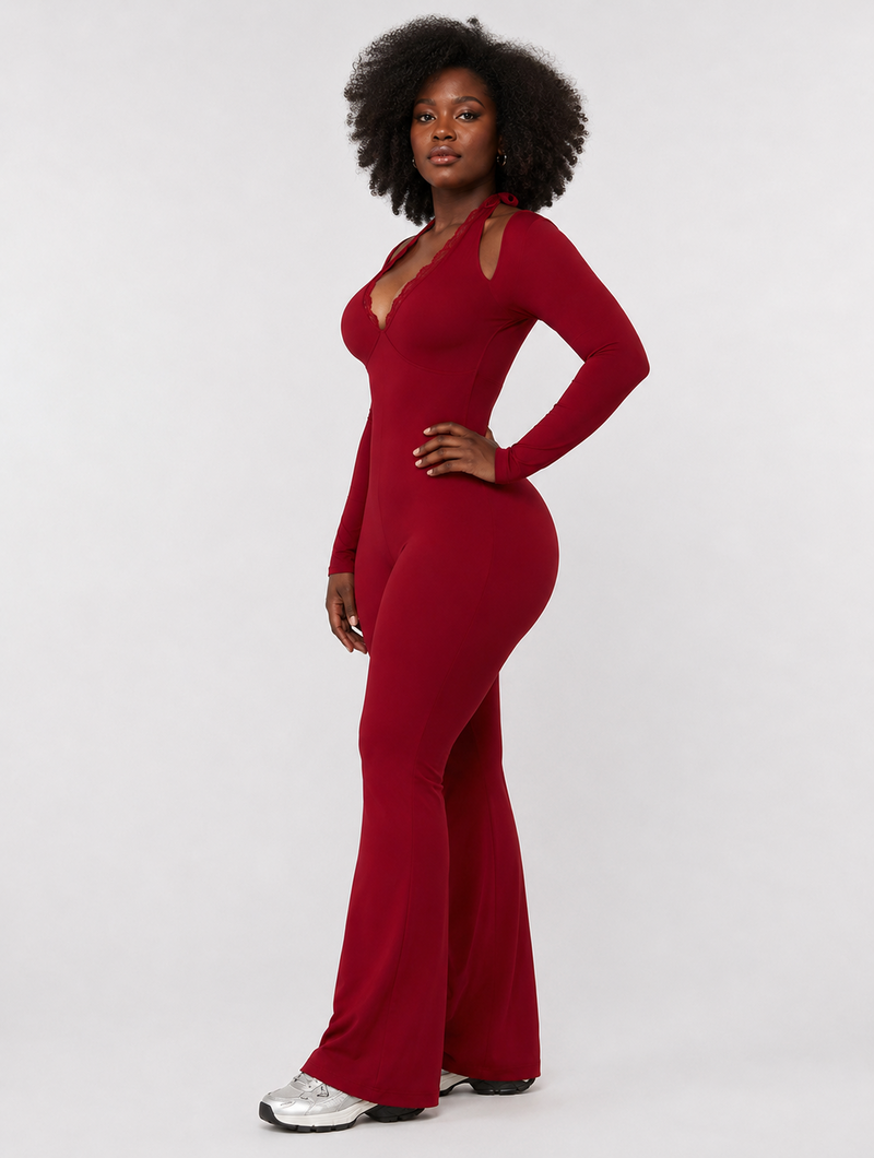 Wine Red Flare Jumpsuit