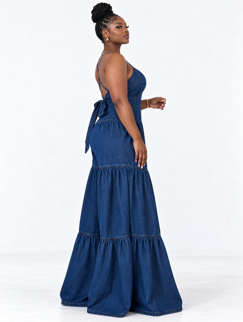 Tiered Denim Maxi Jumpsuit