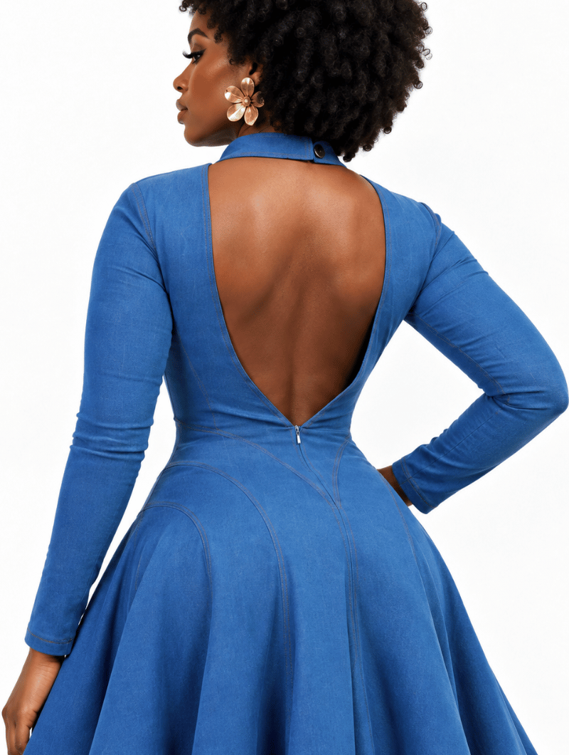 Backless Denim Flare Dress