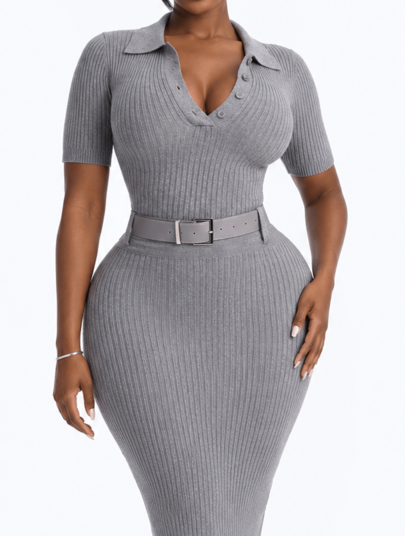 Belted Ribbed Polo Dress
