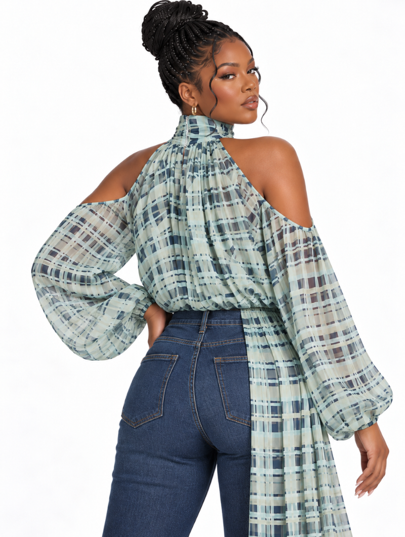 Sheer Plaid Cape Top