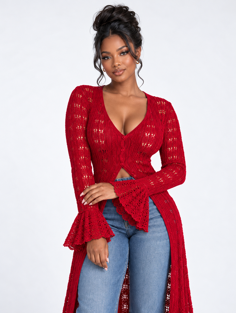 Crimson Bell Sleeve Duster