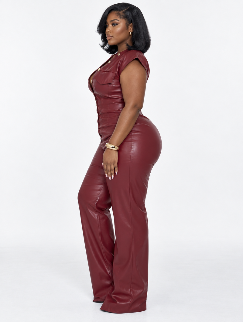 Wine Faux Leather Jumpsuit