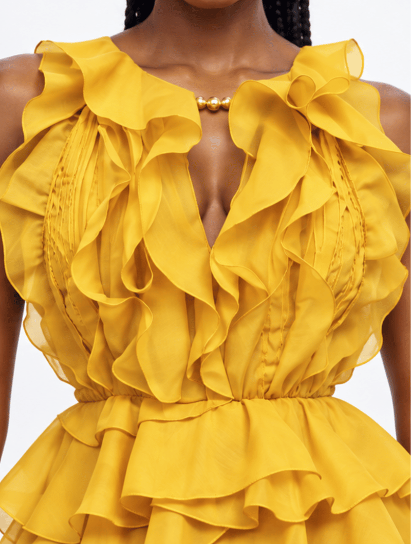 Beaded Plunge Ruffle Gown