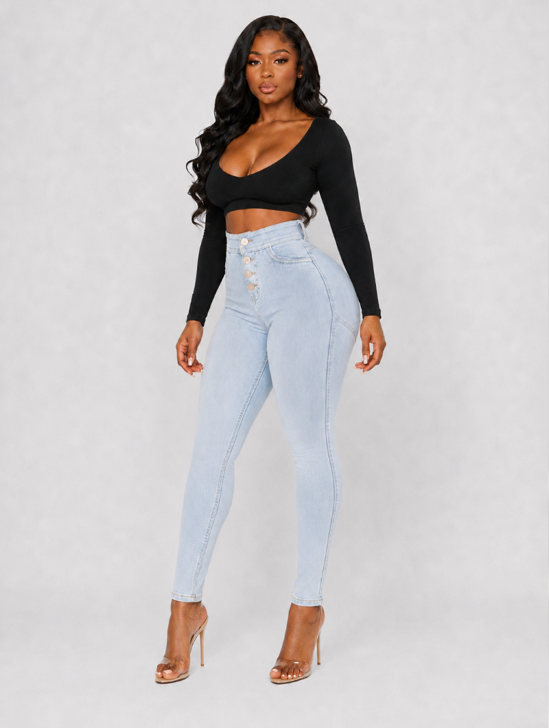 Snatched Waist Button Skinny