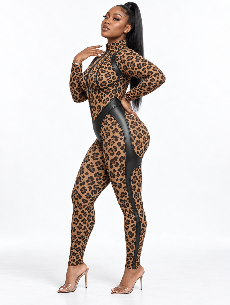 Wild Leopard Leather Catsuit
