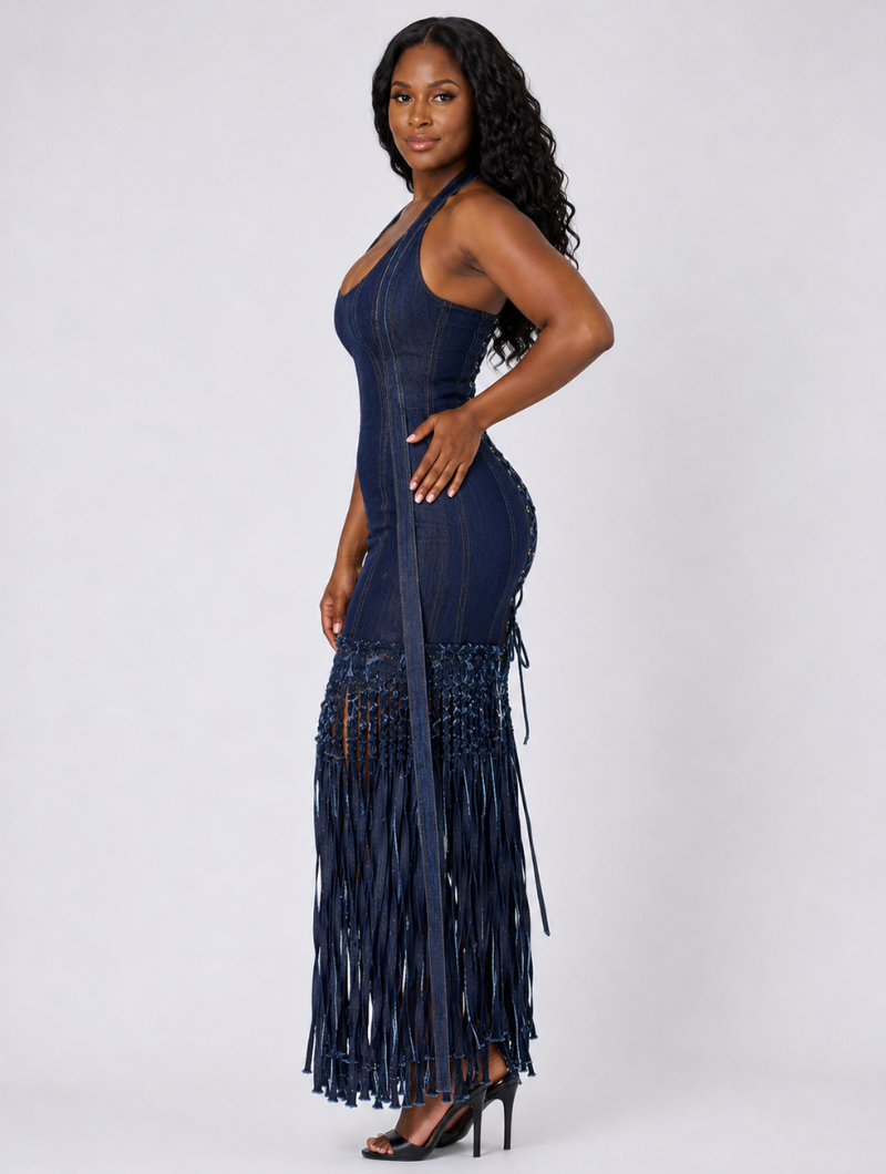 Denim Fringe Maxi Dress