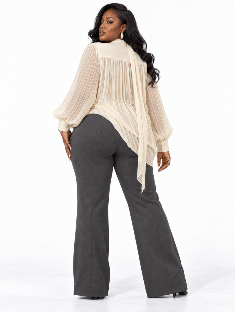 Pleated Tie-Neck Asymmetric Blouse
