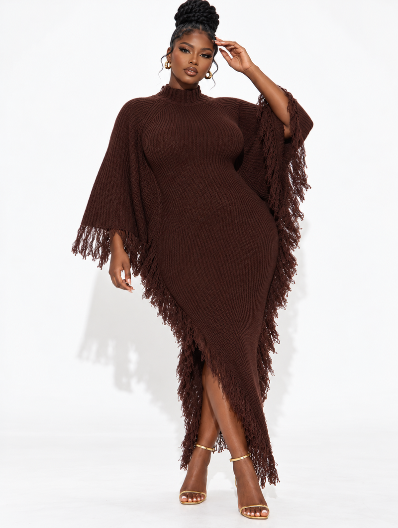 Mocha Fringe Knit Dress