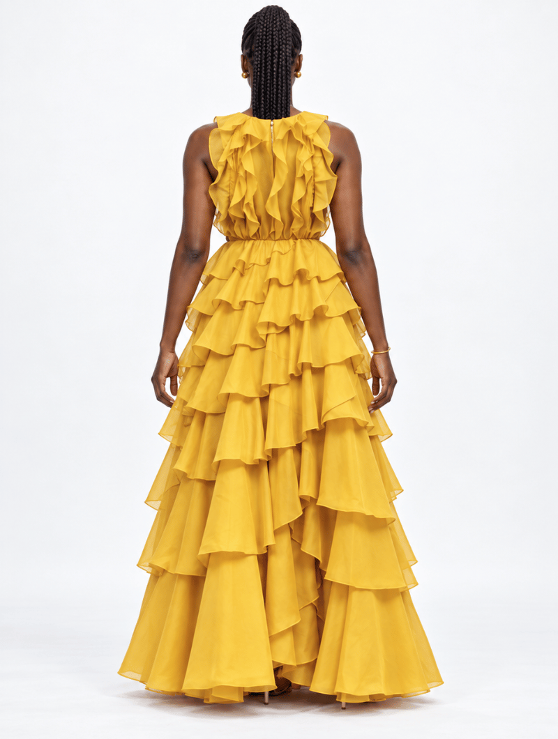 Beaded Plunge Ruffle Gown