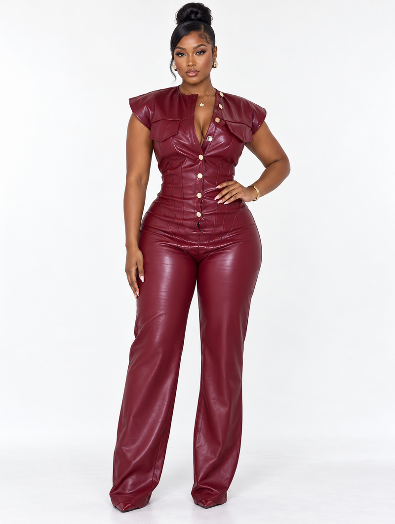 Wine Faux Leather Jumpsuit