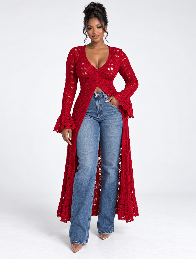 Crimson Bell Sleeve Duster