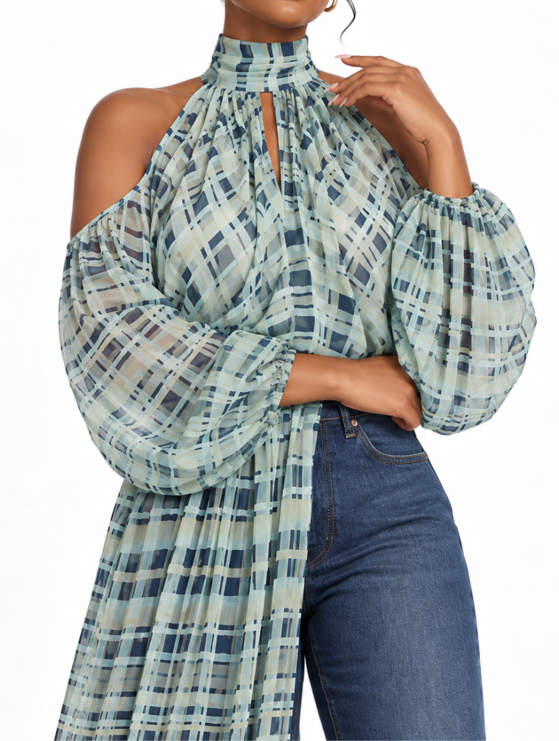 Sheer Plaid Cape Top